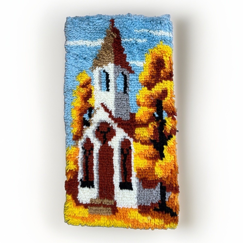 Vogart Crafts Latch Hook Wallhanging Rug Church Fall 12" x 24" Completed 70's‎